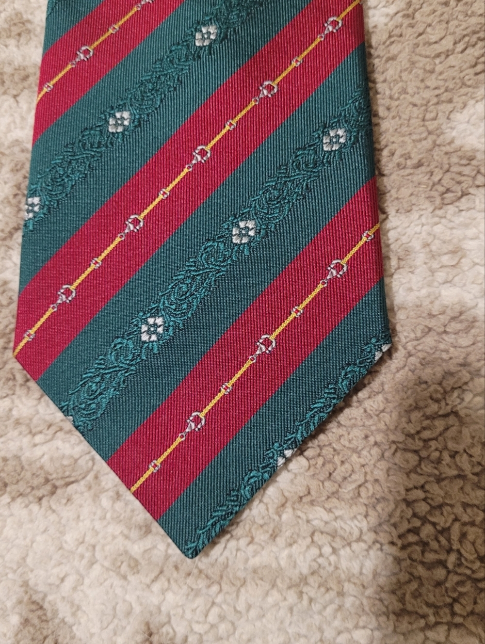 Canali Teal Green and Burgundy Striped Silk Tie